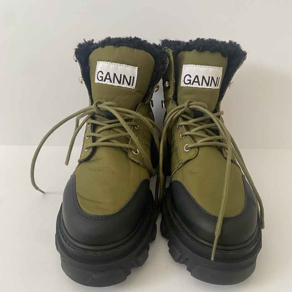 Ganni Faux Shearling Hiking Boot Kalamata Green and Black Size 8 - Picture 1 of 6